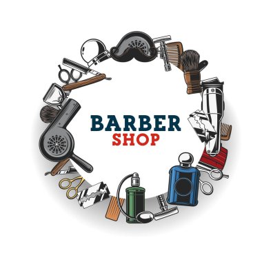 Berber salonu, saç kesim aletleri. Berber malzemeleri, berber aletleri, sakal kesme makinesi, bıyık fırçası, tıraş bıçağı, makas, tarak ve saç kurutma makinesi. Hipster ve baylar kuaför