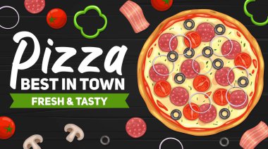 Pizza teslimatı poster tasarımı. Peynirli, domatesli, biberli, mozzarellalı, zeytinli, soğanlı, mantarlı, fesleğenli ve pastırmalı fast food pizzası.
