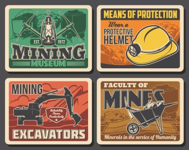 Madencilik endüstrisi kömür madeni makineleri kazıcıları ve madenci ekipmanları müze taşıyıcı vintage posterleri. Madenci Üniversitesi ve endüstriyel üretim fakültesi metal ve demir cevheri çıkarma üzerine
