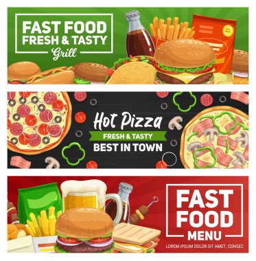 Fast food pizza, hamburger ve sandviç, yemek salonu menüsü vektör pankartları. Çizburger, patates kızartması ve hamburger, sosisli, ketçap ve hardal, ızgara kebap, bira, soda ve kahve.