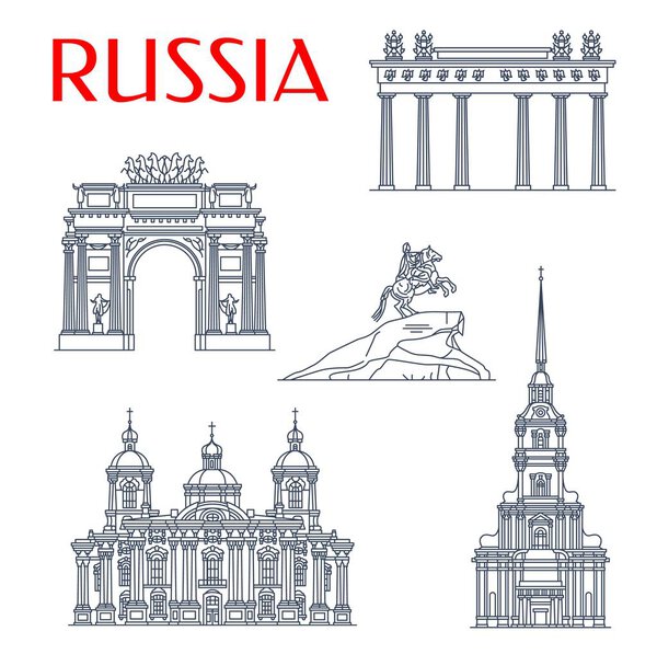 Saint Petersburg travel landmarks, Russia famous architecture and sightseeing symbols. Vector Bronze Horseman monument, Peter and Paul Cathedral, Narva Triumphal Arch and Moscow Gate