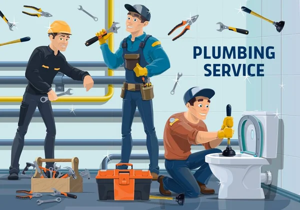 Plumbers Work Tools Vector Characters Plumbing Repair Maintenance Service Cartoon — Stock Vector