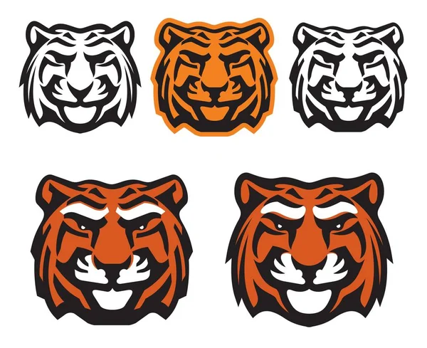 タイガーヘッドベクトルアイコン 野生捕食猫のマスコット スポーツ 動物園のシンボルデザインのベンガルトラの顔 オレンジの毛皮 黒と白のストライプとインドの肉食哺乳類の野生動物 — ストックベクタ