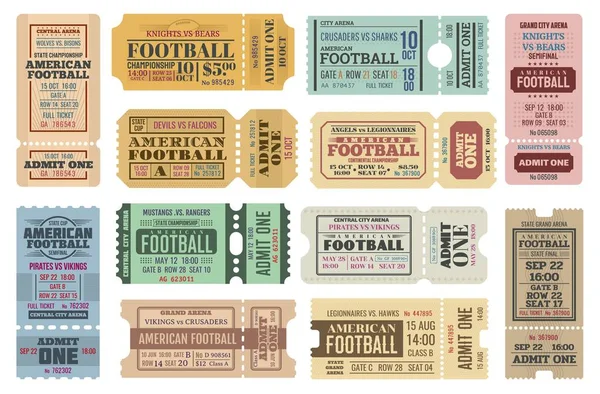 American Football Spel Tickets Vector Set Met Sport Bal Kampioenschappen — Stockvector