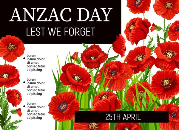 Poppies Anzac Day Vector Poster Design Red Flowers Australian New — Stock Vector