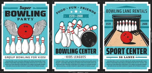 Bowling Avec Boules Épingles Affiches Vectorielles Bowling Pistes Centre Sportif — Image vectorielle