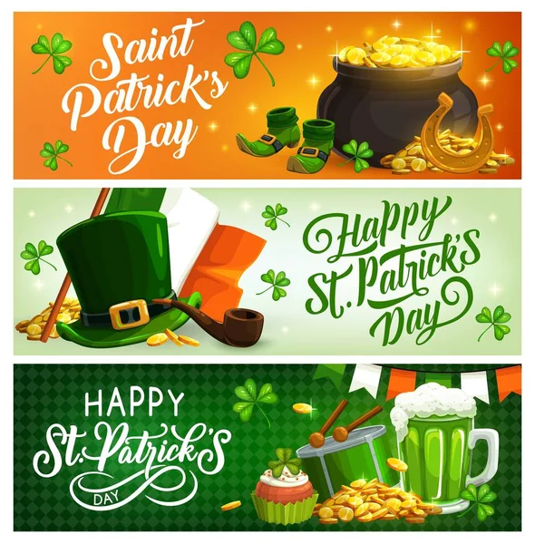 Patricks Day Objetos Irlandeses Vacaciones Banderas Vectoriales Sombrero Duende Hojas — Vector de stock