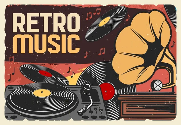 Vinyl Platten Retro Musik Und Vintage Grammophon Grunge Poster Vector — Stockvektor