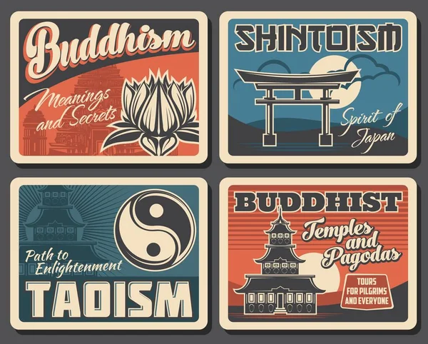 Japonský Buddhismus Šintoismus Taoismus Náboženské Vektorové Retro Plakáty Japonské Buddhistické — Stockový vektor