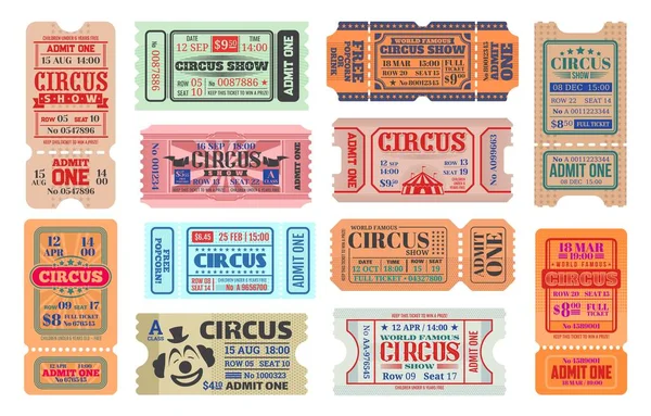 Circus Carnaval Show Vector Retro Tickets Opnamecoupons Van Carnaval Amusement — Stockvector