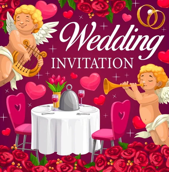 結婚式のキューピッドと心 結婚式のベクトル招待状 ダイヤモンドリング バラの花 キューピッド天使演奏音楽オンハープとパイプ ウェディングパーティーテーブルとともに花の花束とワイングラス — ストックベクタ