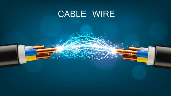 铜丝电缆 能源工业电力设备 矢量现实电缆断开或断开与放电和剥除导体之间的火花 — 图库矢量图片