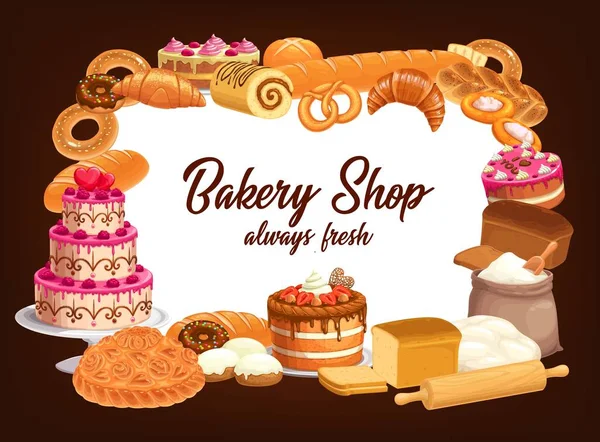 Backshop Brot Süße Desserts Und Cafeteria Gebäck Kuchen Umrahmen Bäckerei — Stockvektor