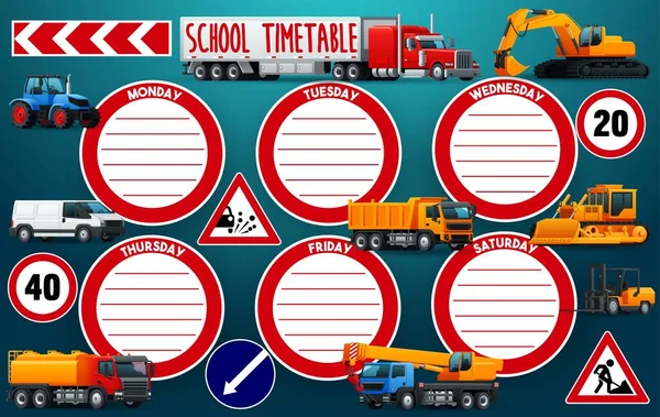 Stundenplan Vektorschablone Bildung Vorlage Mit Fahrzeugen Auto Traktor Lkw Und — Stockvektor