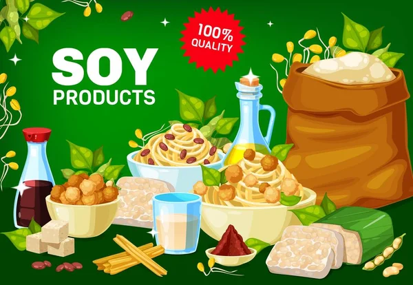 Soybean Vector Milk Tofu Miso Sauce Oil Meat Skin Tempeh — Stock Vector