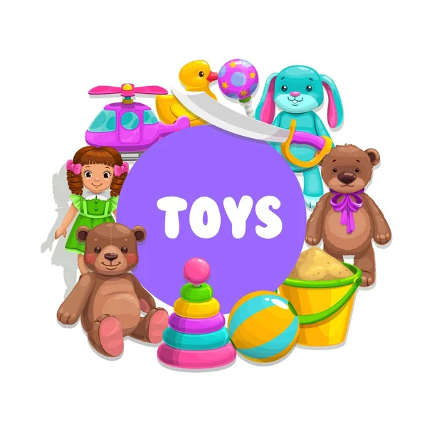 Chlapecké Dívčí Hračky Vektorový Plakát Dětské Hračky Plyšový Medvěd Panenka — Stockový vektor