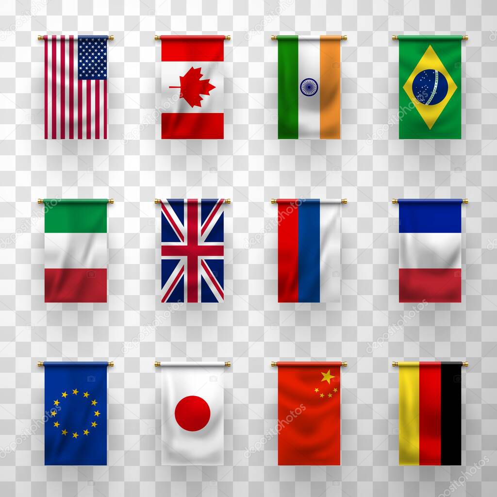 Flags of countries, 3d vector banners. National flags of Germany, France, Italy and Brazil, Japan, China, Canada and Russia, United States of America, European Union, United Kingdom and India