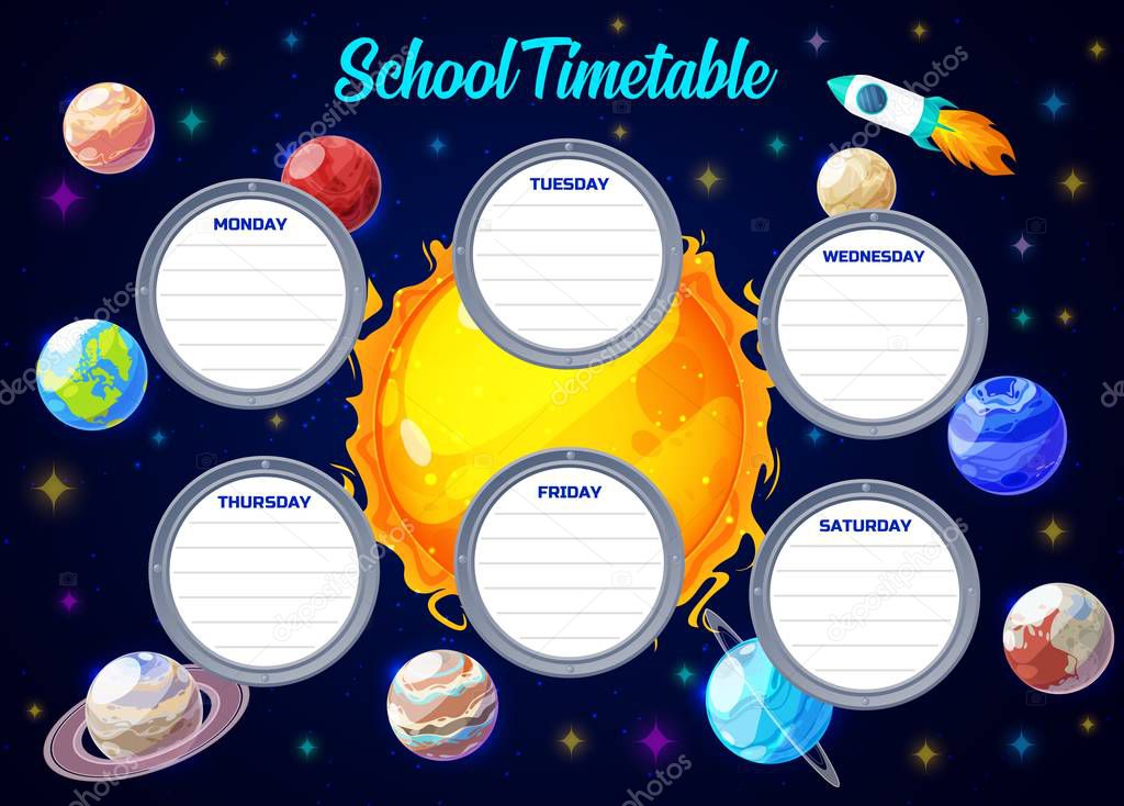 School timetable, galaxy universe vector template. School schedule weekly planner and time table frames with solar system planets, spaceship rockets and stars in outer space