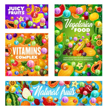 Tropical and farm garden fruits, organic healthy vitamins food. Vector multivitamin complex in exotic fruits pineapple, mango and papaya, watermelon, orange and pomegranate, apple, pear and melon clipart