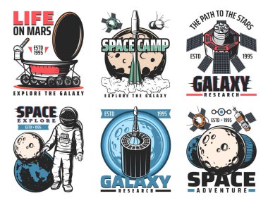 Uzay vektör simgeleri roketler, astronot ve astronomi dizaynlı galaksi gezegenleri. Evren keşif gemisi, uydular ve mekik, Dünya, Ay ve Mars, Gezgin robotu, uzay istasyonu ve yıldızlar
