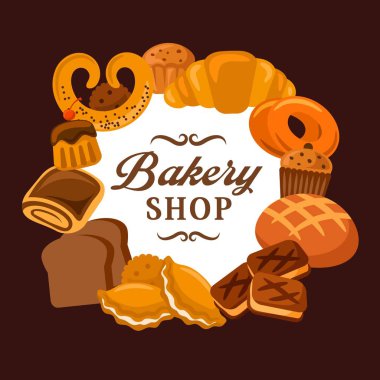 Fırın ekmeği, pasta kekleri, fırında çörekler ve pastane tatlıları. Vector premium kalitesinde pastane tatlı kruvasan ve çavdar ekmekli buğday simidi, kremalı turta, bisküvi ve çörekler.