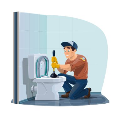 Tesisatçı tuvalet lağımını lavaboyla temizliyor, evde tesisat hizmeti veriyor. Vektör tesisatçı mesleği, ev kanalizasyon boru hattı sızıntısı onarım, bakım ve temizlik hizmeti