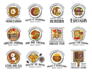 Portekiz mutfağı yemekleri ve geleneksel otantik yemekler, restoran menüsü ikonları. Vector Portuguese francesinha, polvo a lagareiro and alheira, espetada ve ızgara sardalya balığı, piri tavuğu ve espada