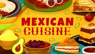 Meksika yemekleri, Latin Amerika geleneksel yemekler, restoran menüsü ve yemek tarifi kitabı kapağı. Meksika baharatlı fasulye çorbası, tarçınlı kurabiye ve sığır etli capiotada pudingi.