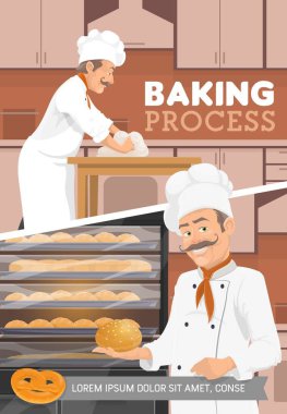 Fırın ve fırın mutfağı, ekmek ve tatlı pişirme süreci. Şef şapkalı vektör fırıncı masada un, çörek, kruvasan, buğday ya da fırında çavdar ekmeği yoğuruyor.