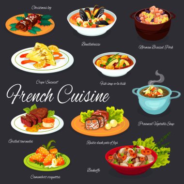 French cuisine food dishes, France traditional restaurant menu gourmet meals. Vector French bouillabaisse seafood and fish soup, Norman braised pork meat, rustic duck pate of fig and croquettes clipart