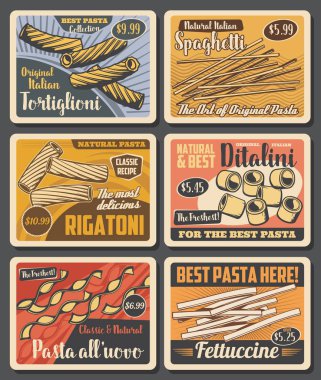 İtalyan makarna vintage posterleri, fast food kafe ve restoran menüsü fiyatları. İtalyan geleneksel tortiglionisi, spagetti ve rigatoni, ditalini veya fettuccine ve tüm uovo makarna