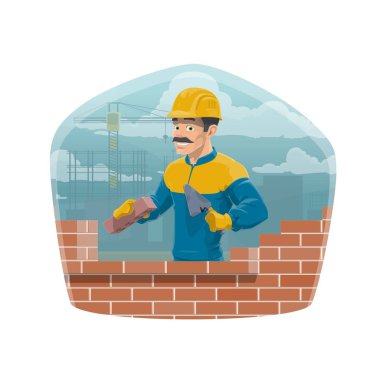 Builder and brickwork, architecture and house construction worker profession. Vector professional engineer or house constructor man in safety helmet with laying bricks in wall vector