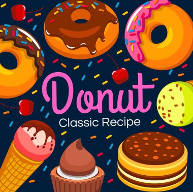 Pastane posteri, pastane tatlı kekler ve tatlı tarifleri kitabı kapağı. Çikolata kaplı fırın çörekleri, çörekler, kurabiyeler, dondurmalar ve waffle 'lar.