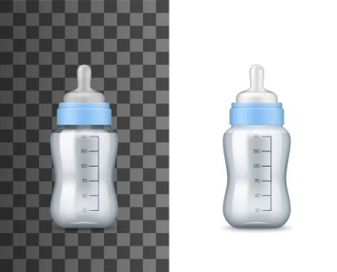 Bebek sütü şişeleri, gerçekçi 3D model şablonlar. Vektör, süt ya da beslenme gıdası, meme ucu ve kapasite ölçümü dereceleriyle şeffaf plastik bebek besleme şişelerini izole etti