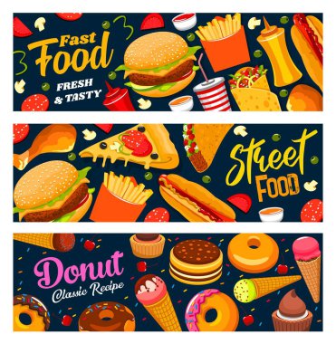 Fast food ve sokak yemekleri, sandviçler ve burgerler, aperatifler ve çörekler. Sandviç, pizza ve çizburger, Meksika tacosu ve burrito, sosisli ve dondurma için vektör fast food menüsü.