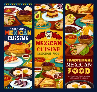 Meksika mutfağı yemekleri, geleneksel yemekler, restoran menüsü afişleri. Meksika yemekleri, fasulyeli omlet, tarçınlı kurabiye ve capirotada keki, nachos ve guacamole, tortilla ve empanada.