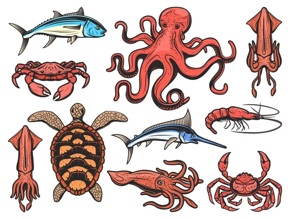 Fishes and marine animals icons, underwater world and fishing. Vector seafood squid, shrimp and prawn, octopus and lobster crab, sea turtle, ocean marlin or swordfish, tuna and cuttlefish