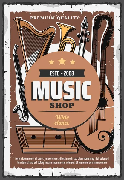 Musikinstrumente Shop Vintage Retro Poster Live Konzert Und Folk Band — Stockvektor