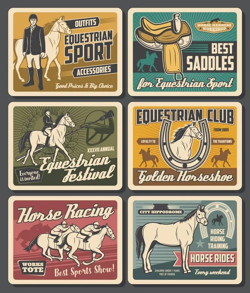 Promenades Cheval Courses Équestres Affiches Rétro Vintage Club Sportif École — Image vectorielle