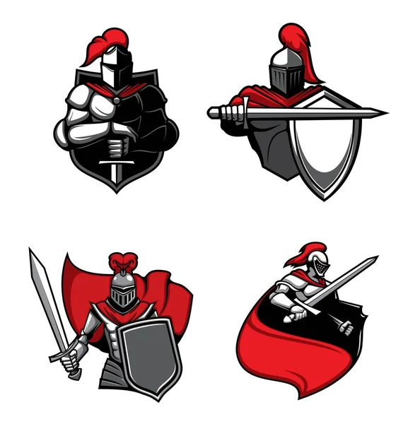 Ridderkrijger Met Zwaard Helm Schild Rode Cape Middeleeuwse Pantser Geïsoleerde — Stockvector