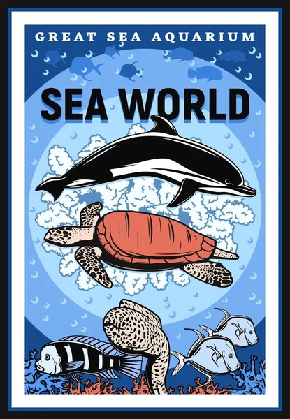 Oceanarium Morze Podwodne Akwarium Pokazują Klasyczny Plakat Retro Wektor Podwodne — Wektor stockowy