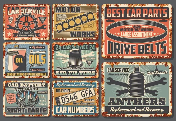 Υπηρεσία Αυτοκινήτων Και Auto Μηχανικός Κέντρο Σκουριασμένες Πλάκες Ρετρό Αφίσες — Διανυσματικό Αρχείο