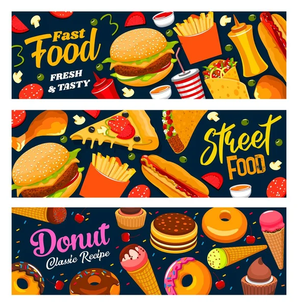 Fast Food Street Food Maaltijden Sandwiches Hamburgers Snacks Donuts Vector — Stockvector