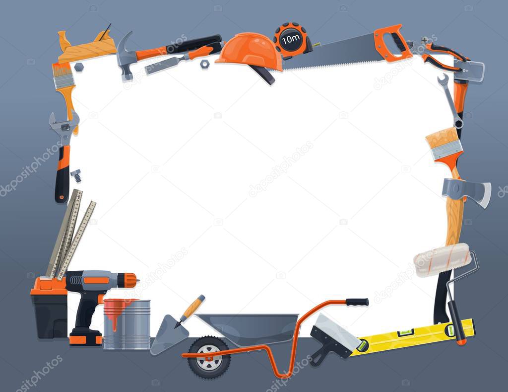 House remodeling and repair notes blank list of work tools. Vector home renovation and construction, handyman carpentry, masonry and woodwork hand tools, drill and saw, paint, hammer and ruler toolkit