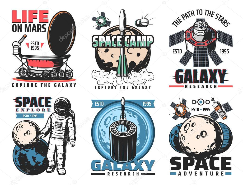 Space vector icons with rockets, astronaut and galaxy planets of astronomy design. Universe exploration spaceship, satellites and shuttle, Earth, Moon and Mars, rover robot, space station and stars