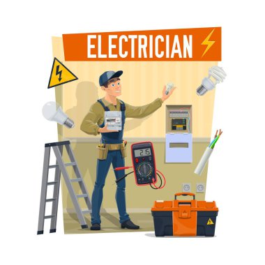 Ekipmanı, alet çantası ve iş aletleri olan bir elektrikçi. Çizgi filmdeki vektör işçisi veya çizgici elektrikçi elektrik sayacını kablo, ampul, çoklu metre, soket ve uyarı levhasıyla tutuyor.