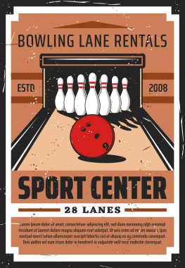 Skittles ve top sporu retro posterli bowling salonu. Boş oyun eğlence kulübü, vektör vintage kart, bowling salonu kiralama servisi, profesyonel spor takımı turnuvası.
