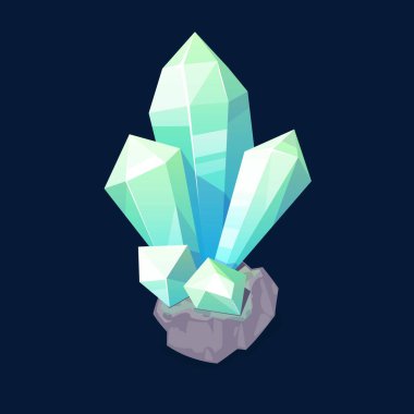 Mavi kristal mücevher, mücevher kaya mineral taşı. izole edilmiş doğal yeşil turkuaz değerli taş opal, zümrüt veya kuvars cam, mücevher ve jeoloji sihirli kristal, bilgisayar oyunu öğesi, çizgi film vektör nesnesi