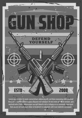 Tüfekli eski silah dükkânı posteri, kendinizi cephane deposunda koruyun. Vintage vektör avlama ekipmanları, atış satışı, hedefler veya hedefler ve kurşun kurşunlar, nefsi müdafaa ve koruma