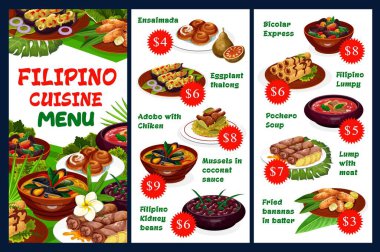 Et yemekleri, sebzeler ve tatlı ile Filipin mutfağı restoran vektör menüsü. Ensaimada, patlıcan, tavuklu adobo, hindistan cevizi soslu midye, filipino böbrek fasulyesi, pochero çorbası.